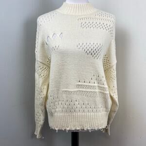 Autumn Cashmere Ivory Distressed Mock Neck Knit Sweater Medium